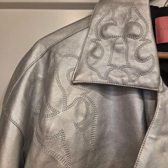 Azalba Wang  Silver Women's Faux Leather Prince Moto Western Jacket Oversized S - Picture 12 of 12